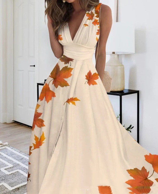 Printed V-neck Loose Plain Elegant Dress