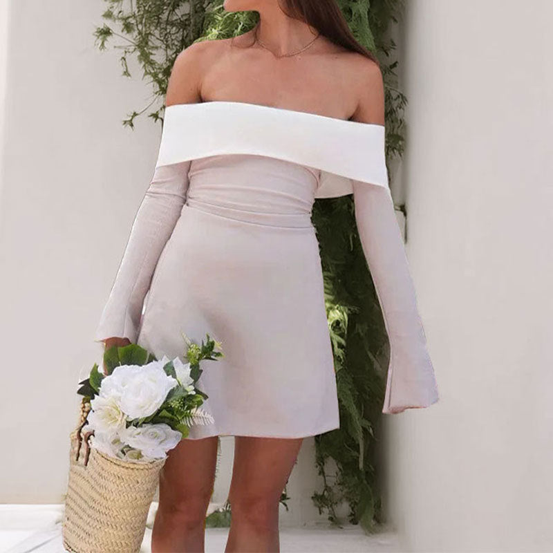 Contrast Color Laminated Chest Wrap Long Sleeve Dress