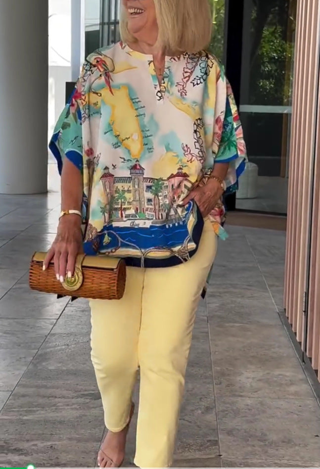 Printed Short-sleeved Mid-length Casual Top