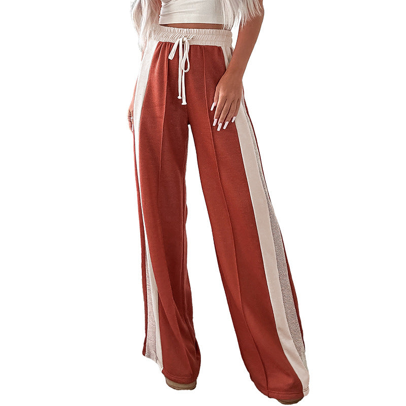 Women's High Waist Wide Leg Pants European And American Simple Loose Color Matching Drawstring