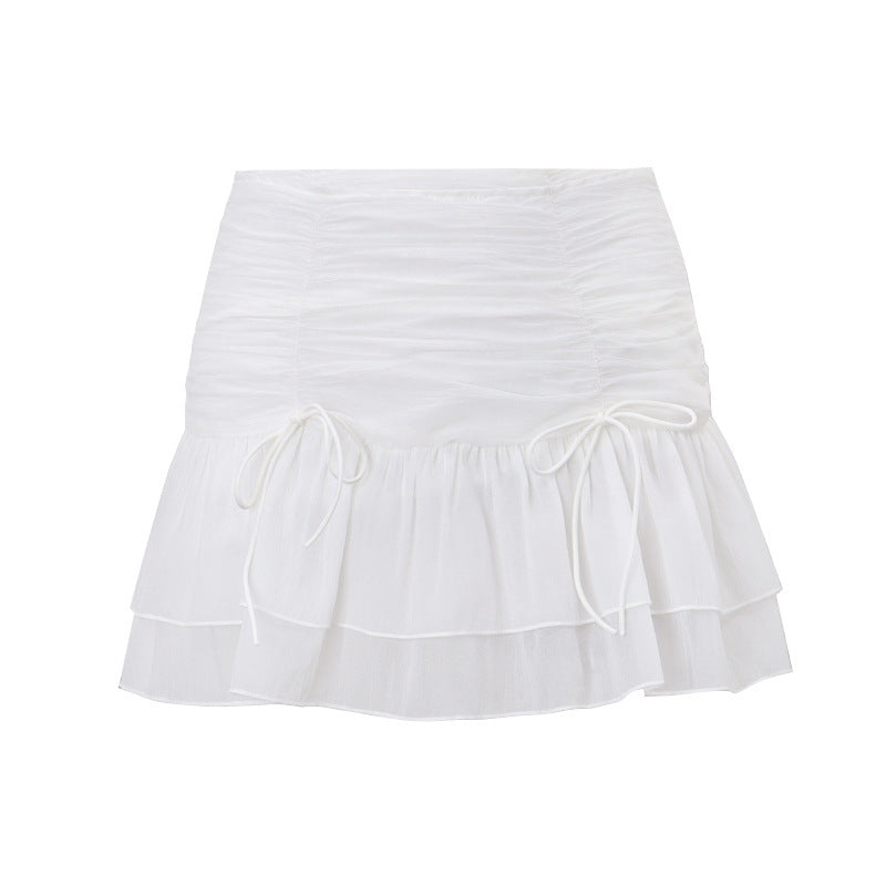 Women's New Sweet Girl Pleated Lace-up Stitching Mesh Slimming Skirt