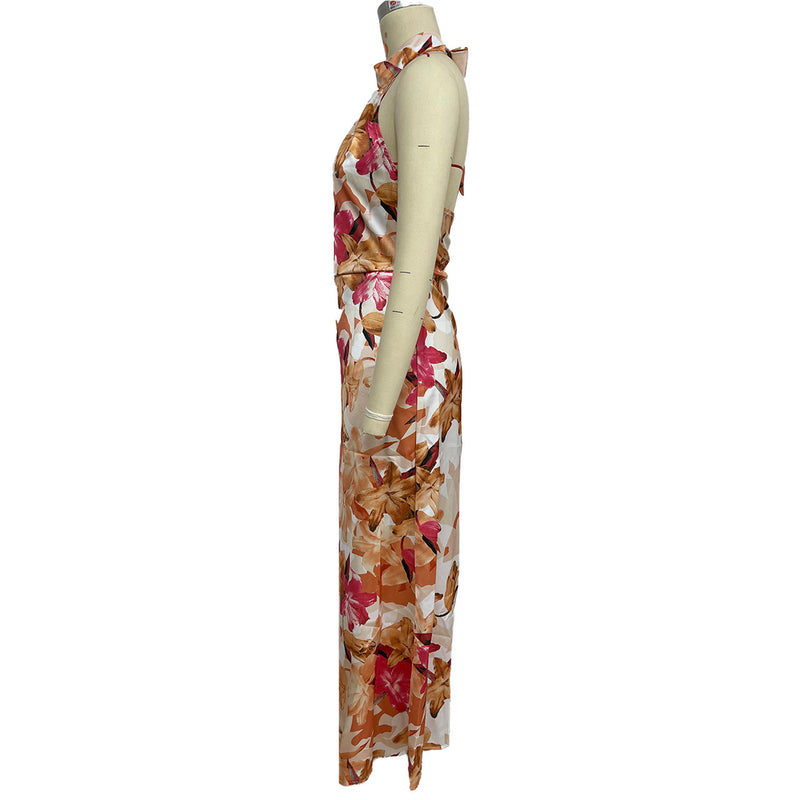 Vestido largo sin espalda con cordones y tirantes halter
