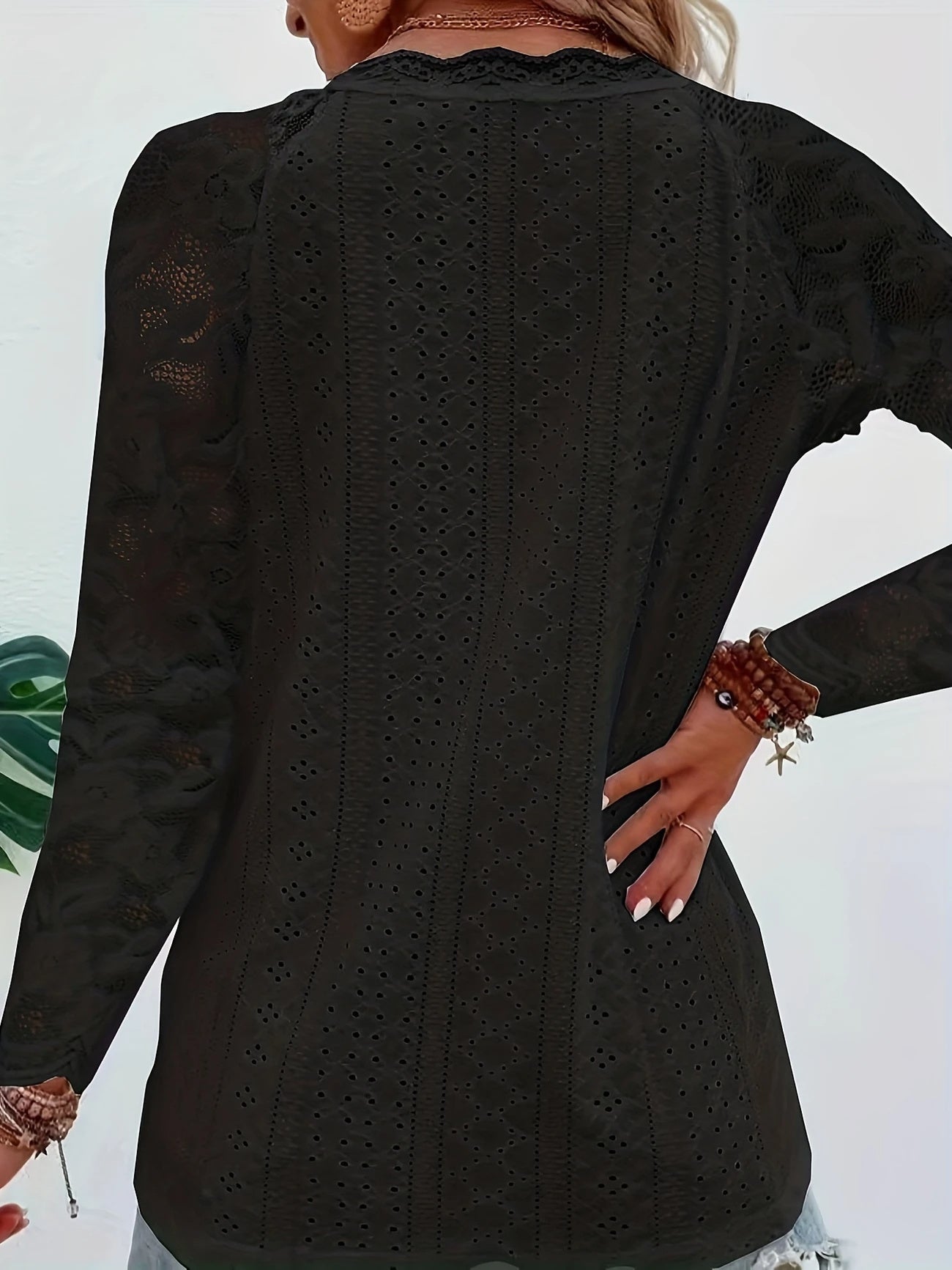 Contrast Lace V-neck Eyelet T-Shirt