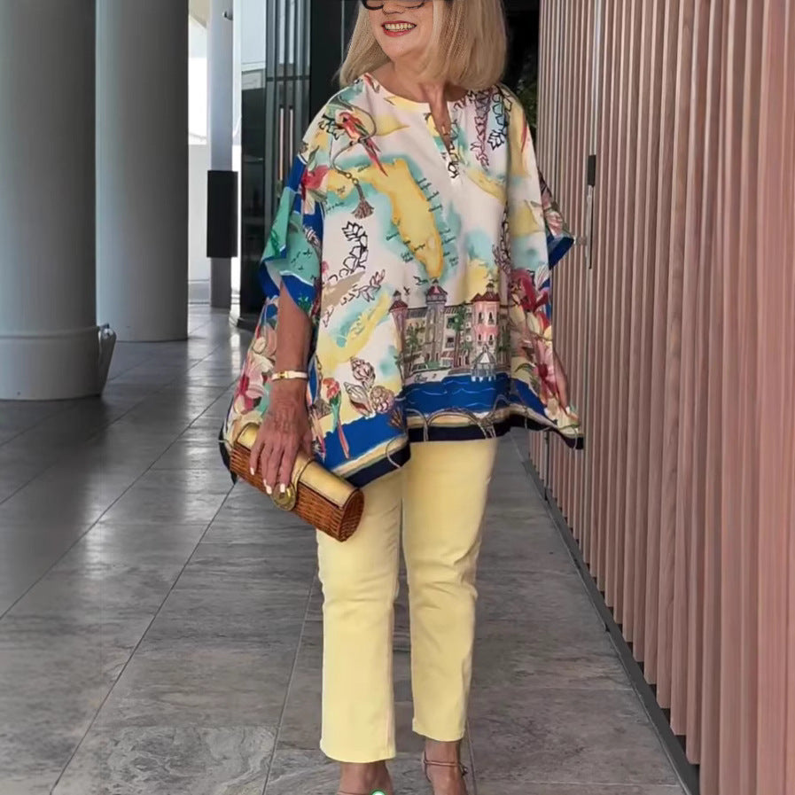 Printed Short-sleeved Mid-length Casual Top