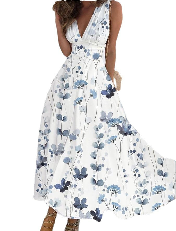 Printed V-neck Loose Plain Elegant Dress