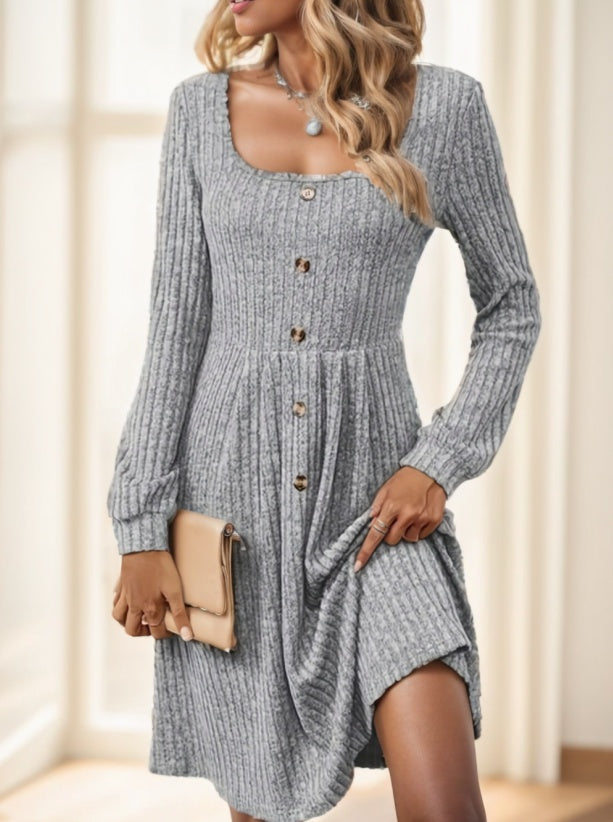 Elegant Long Sleeve Ribbed Knit Dress With Button Details