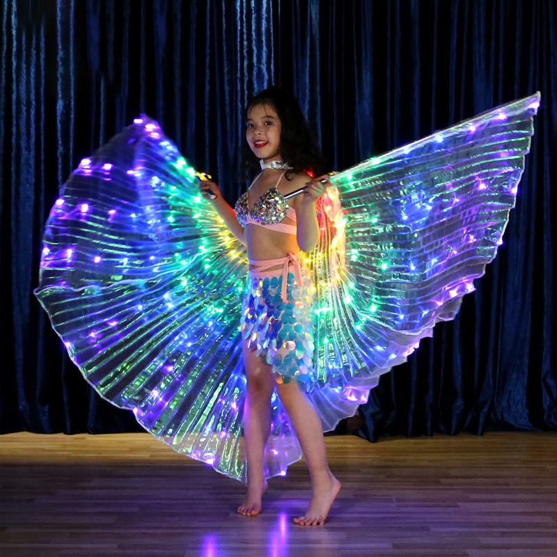 Alas de mariposa LED Accesorios para actuaciones en escenario de Halloween Accesorio de baile para mujeres Alas de baile LED para DJ Disfraz de ala iluminada Alas de baile Colores del arco iris con palo