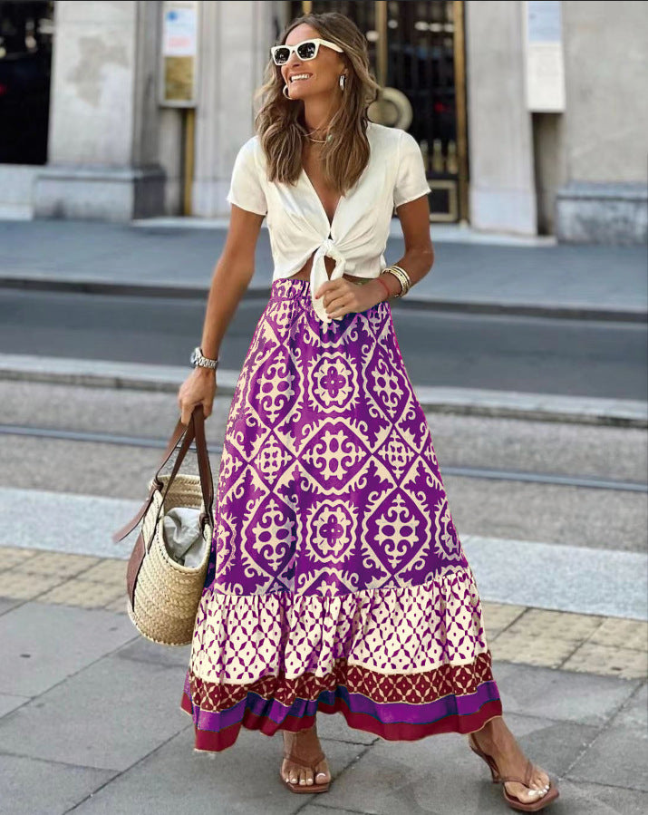 European American Summer New Printed Loose Stitching Large Swing Skirt