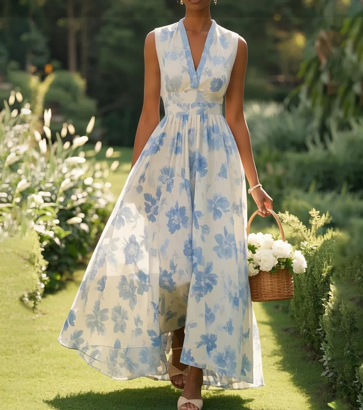 Digital Printing Women V-neck Sleeveless Maxi Dress