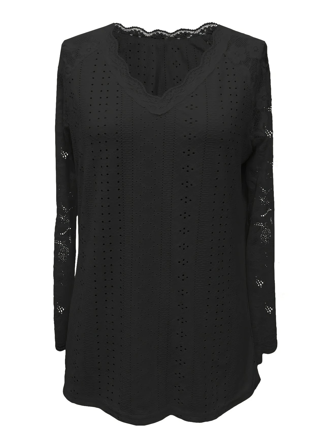 Contrast Lace V-neck Eyelet T-Shirt