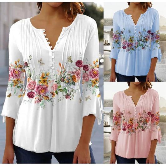 Fashionable New Women's Floral Print V-neck Three-quarters Sleeve Pleated Button T-shirt Base Shirt