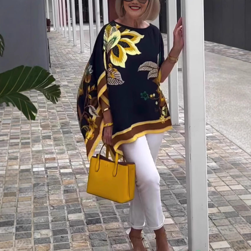 Printed Short-sleeved Mid-length Casual Top