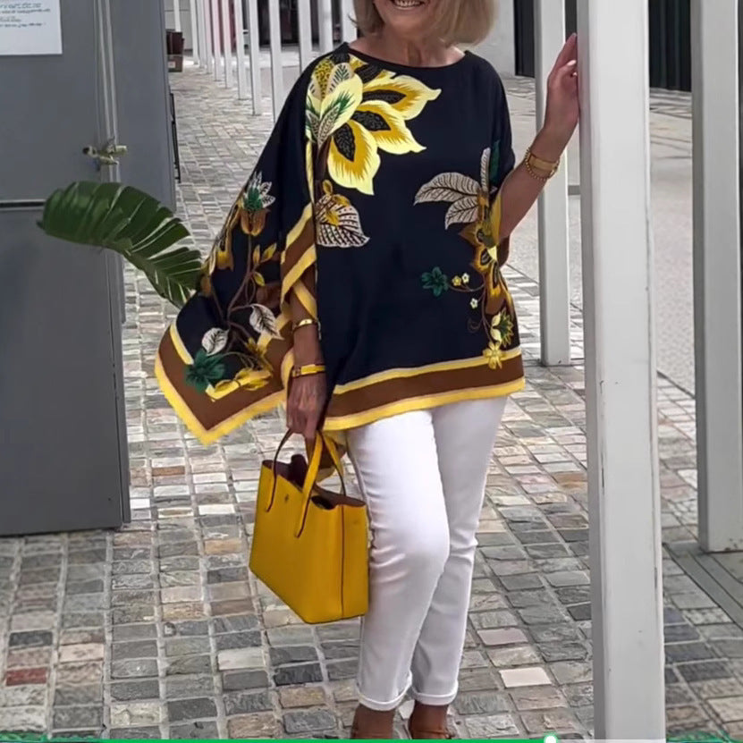 Printed Short-sleeved Mid-length Casual Top