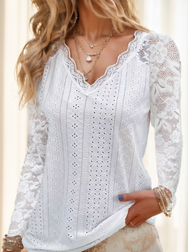 Contrast Lace V-neck Eyelet T-Shirt