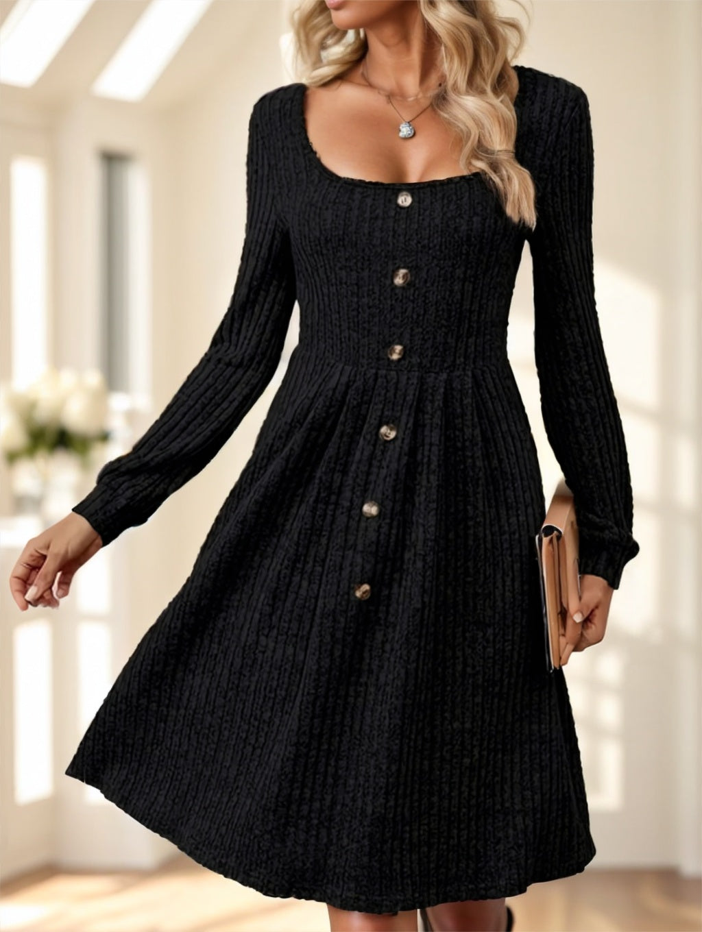 Elegant Long Sleeve Ribbed Knit Dress With Button Details