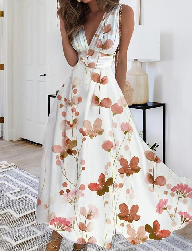 Printed V-neck Loose Plain Elegant Dress