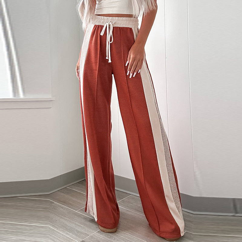 Women's High Waist Wide Leg Pants European And American Simple Loose Color Matching Drawstring