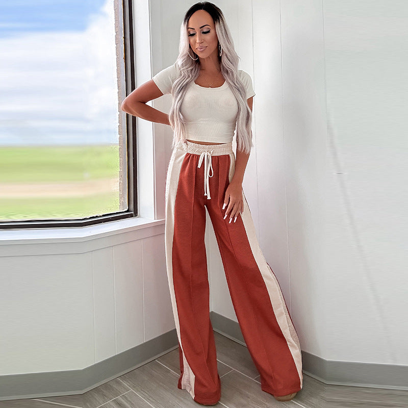 Women's High Waist Wide Leg Pants European And American Simple Loose Color Matching Drawstring
