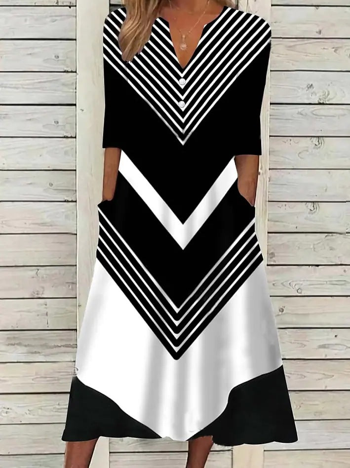 Striped Color-block V Neck Casual Dress