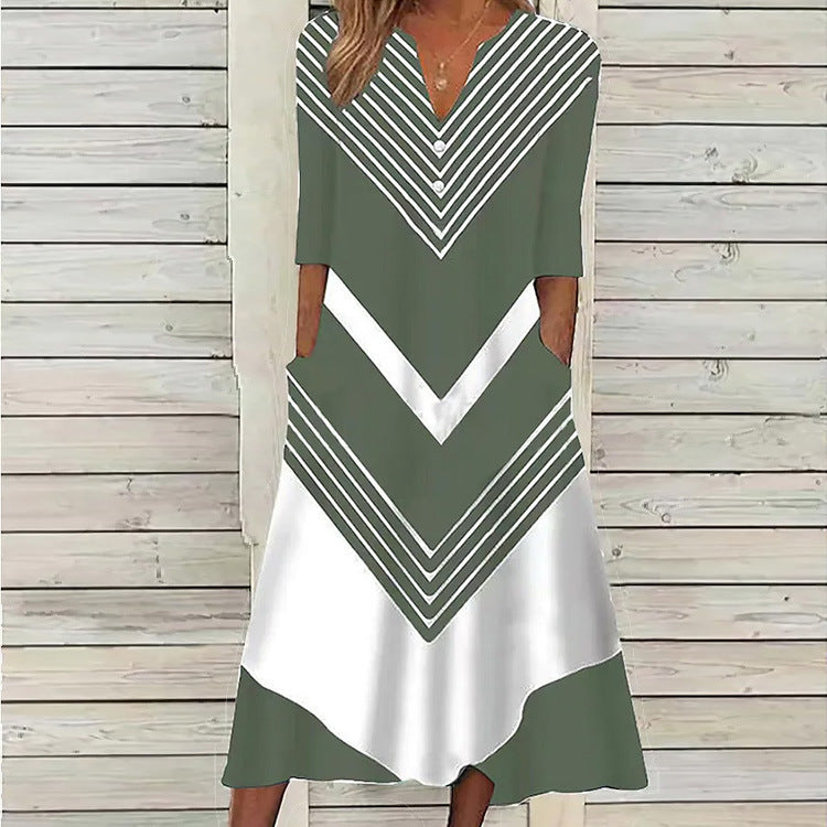 Striped Color-block V Neck Casual Dress