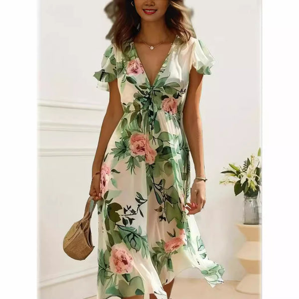 Printed Bohemian Women's V-neck Mid-length Dress