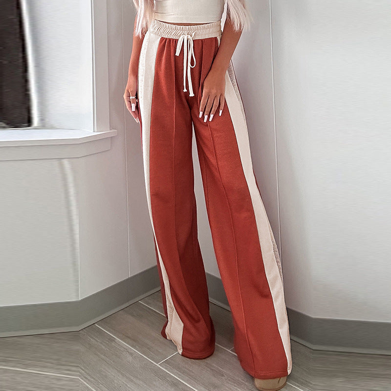 Women's High Waist Wide Leg Pants European And American Simple Loose Color Matching Drawstring