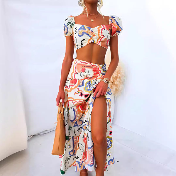 European And American Summer Printed Top Wrapped Chest Skirt Two-piece Suit