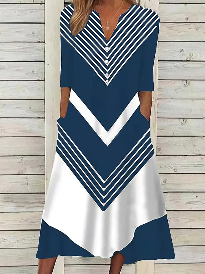 Striped Color-block V Neck Casual Dress