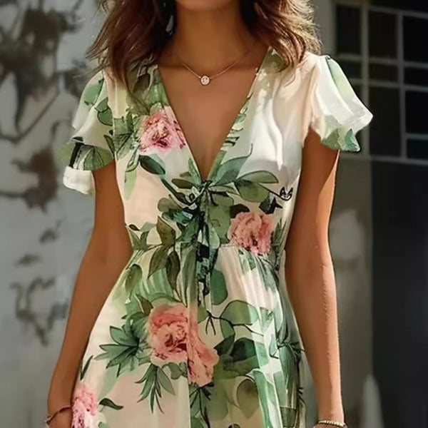 Printed Bohemian Women's V-neck Mid-length Dress