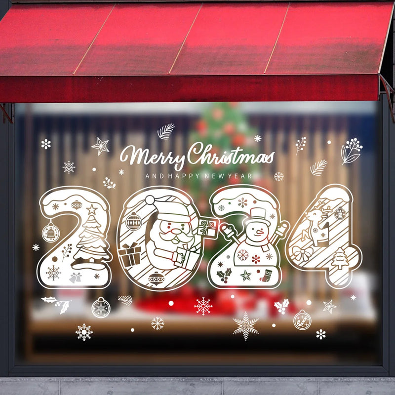 2024 Merry Christmas Window Sticker Santa Claus Snowflake Elk DIY Home Wall Decal Christmas Decoration Near Year Gift Xmas Decor
