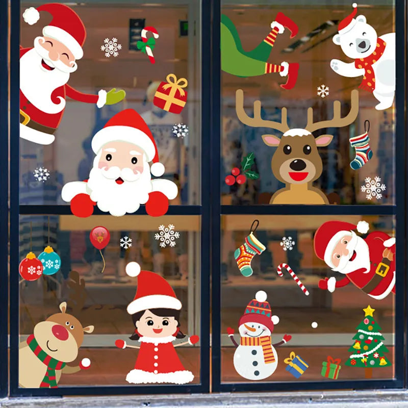 2024 Merry Christmas Window Sticker Santa Claus Snowflake Elk DIY Home Wall Decal Christmas Decoration Near Year Gift Xmas Decor