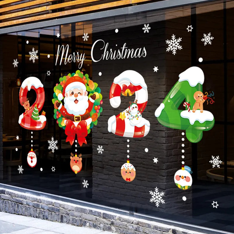 2024 Merry Christmas Window Sticker Santa Claus Snowflake Elk DIY Home Wall Decal Christmas Decoration Near Year Gift Xmas Decor