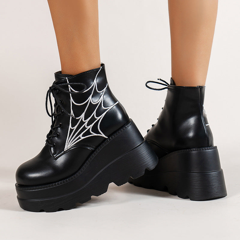 Botas Martin negras Zapatos con estampado de telaraña a la moda Botas de tacón grueso para mujer
