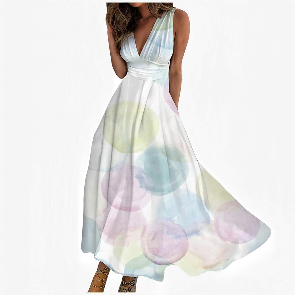 Digital Printing Women V-neck Sleeveless Maxi Dress