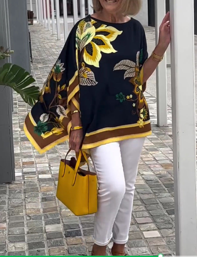 Printed Short-sleeved Mid-length Casual Top