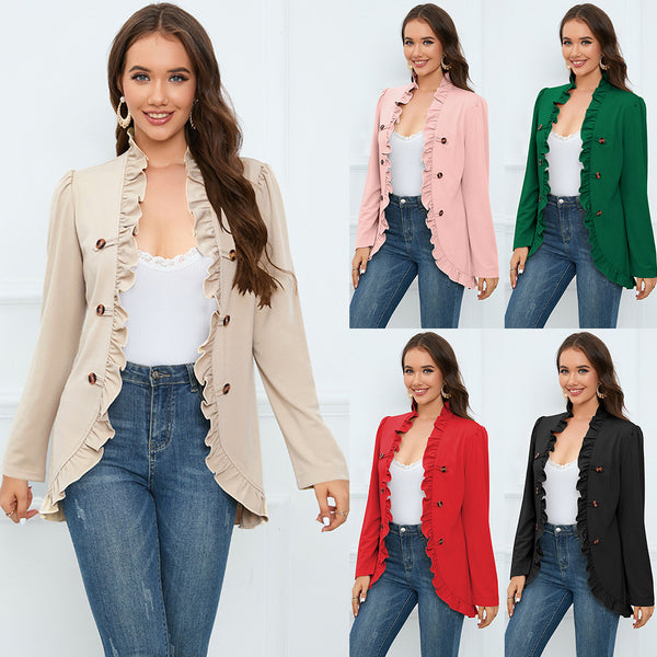 Chaqueta tipo cárdigan con botones y volantes para mujer