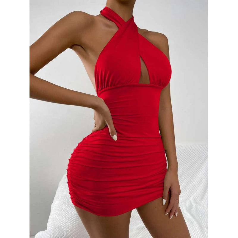 New Solid Color Cross Halter Temperament Sheath Dress For Women