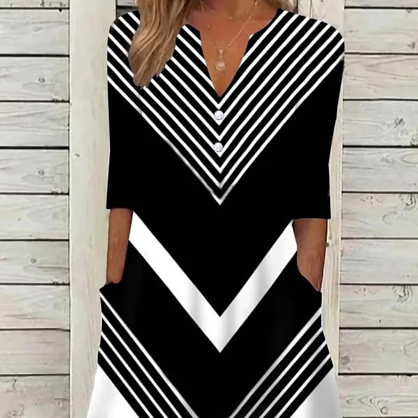 Vestido casual con cuello en V y bloques de color a rayas