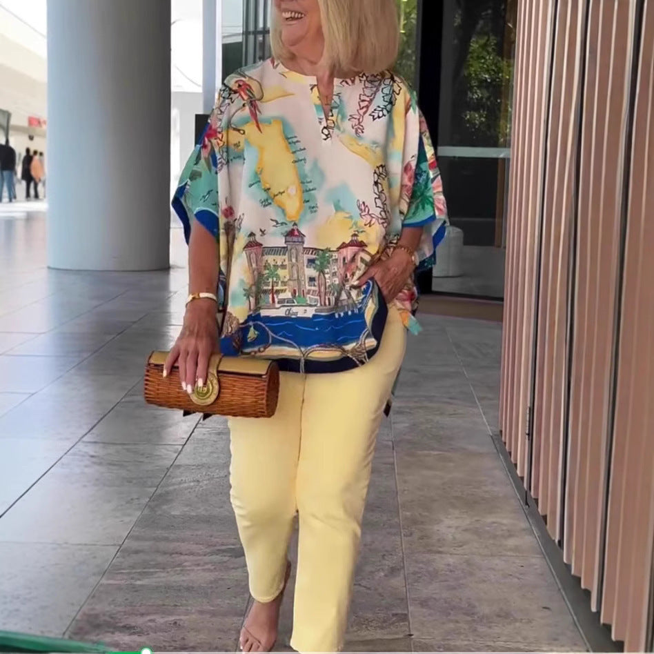 Printed Short-sleeved Mid-length Casual Top