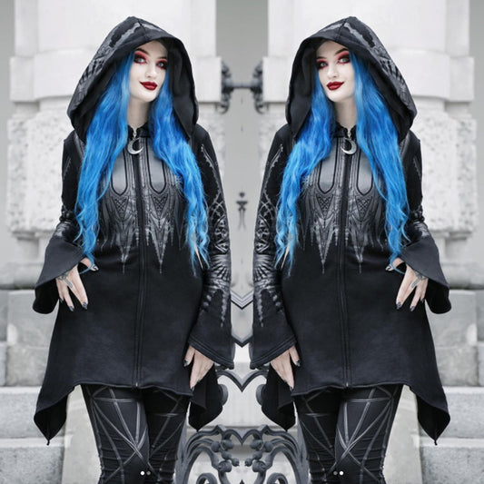 Halloween Cosplay Hoodie Women's Punk Black Long Hooded Printed Sweater