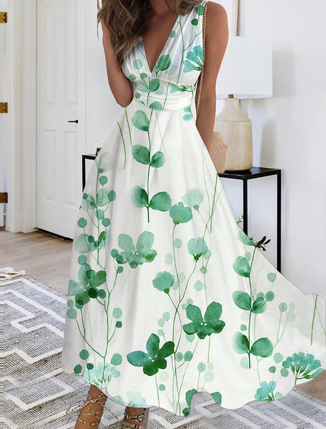 Printed V-neck Loose Plain Elegant Dress