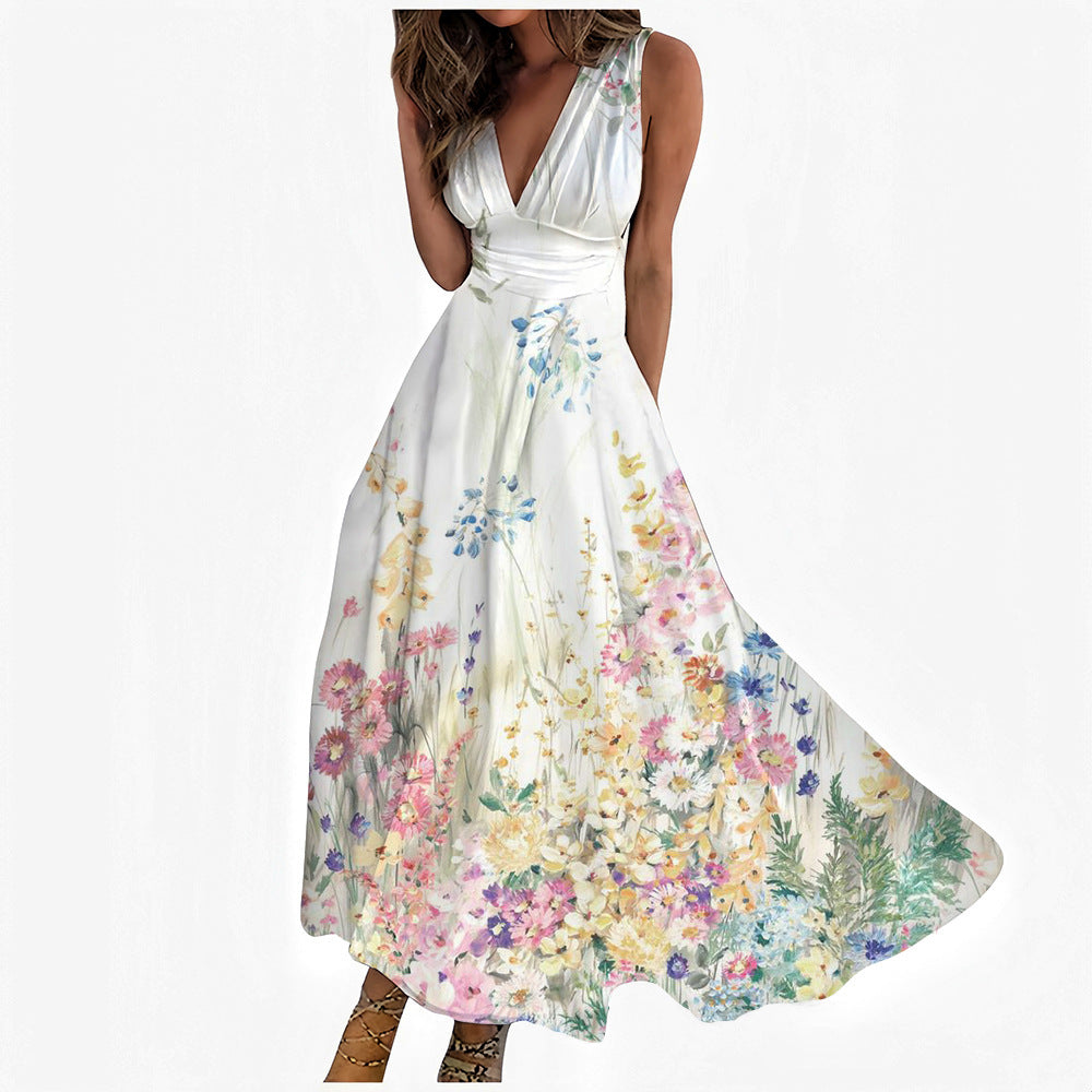 Digital Printing Women V-neck Sleeveless Maxi Dress