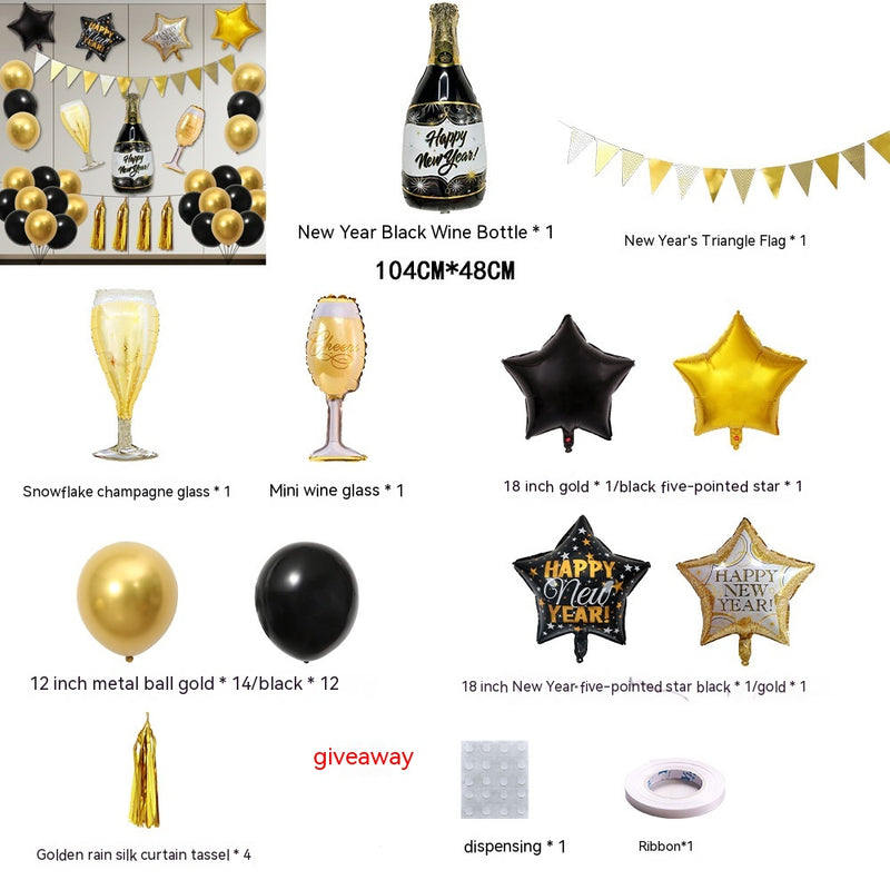 Juego de globos de Año Nuevo de 32 pulgadas 2024, botella de vino, globo dorado con bandera colgante triangular