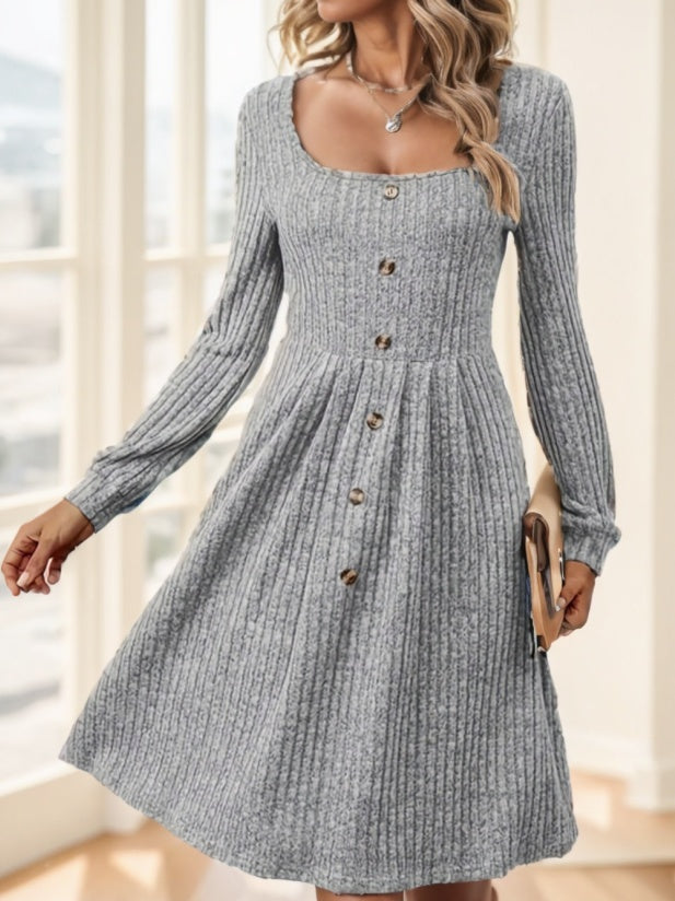 Elegant Long Sleeve Ribbed Knit Dress With Button Details