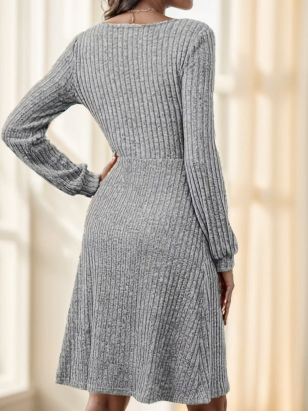 Elegant Long Sleeve Ribbed Knit Dress With Button Details