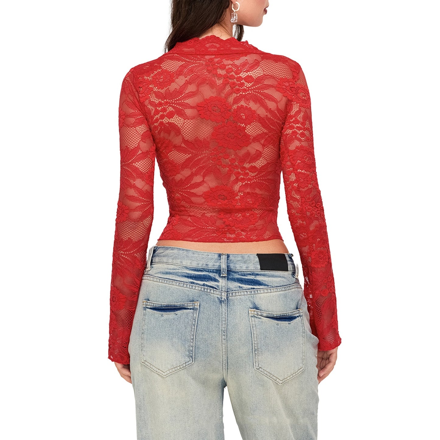 Women's Deep V-neck Slim-fit Lace Long-sleeved Lace Top